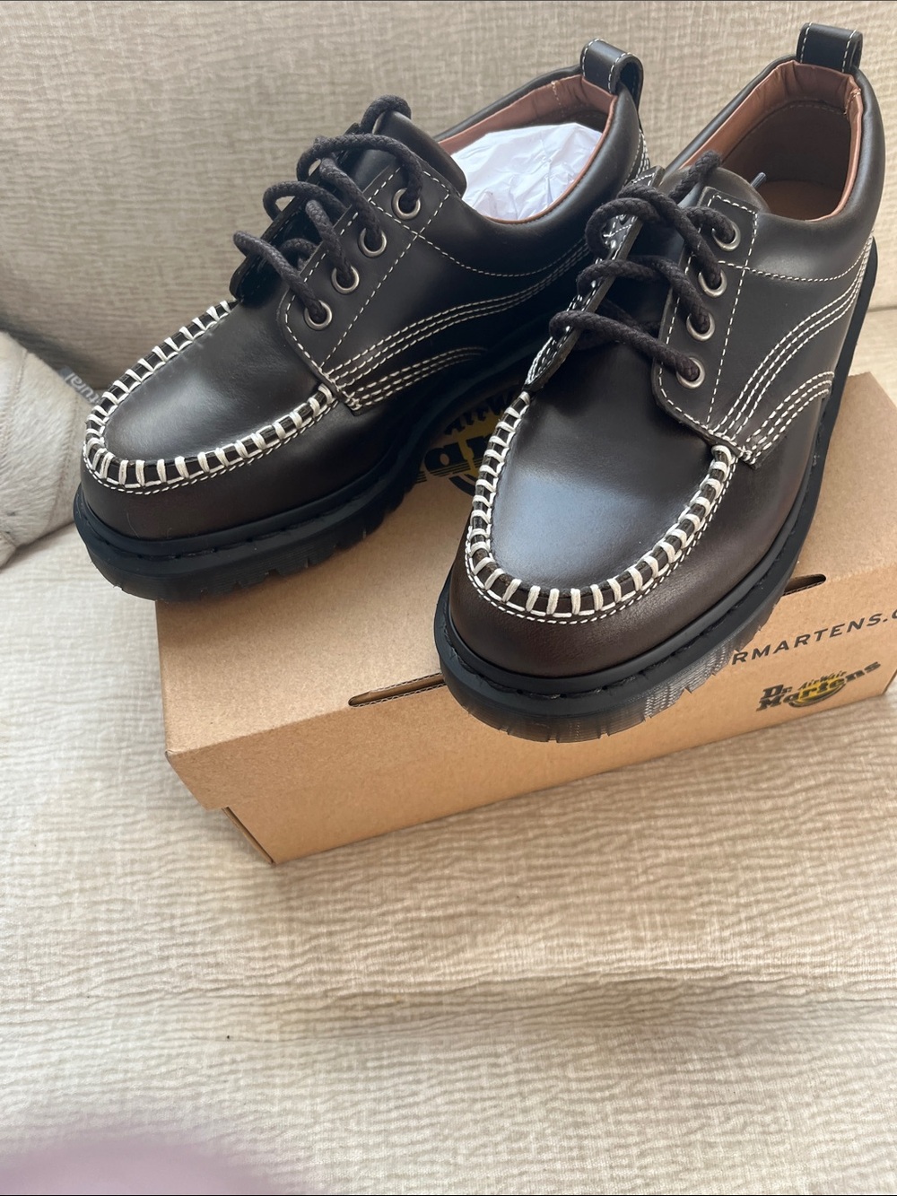 Dr. Martens Dark Brown Leather Moc-Toe Slip-On Loafers with White Stitching